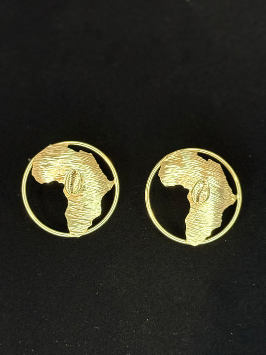 Gold plated Brass Africa Map Earrings with Cowrie Shell Accent